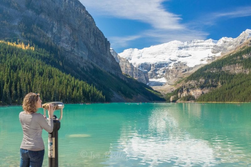 lake louise meagan looking away from binoculars