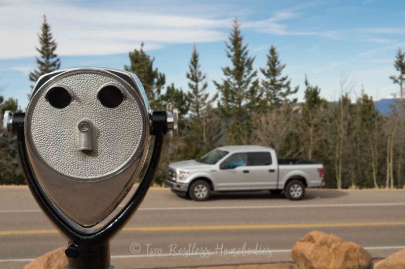 Pikes Peak and our Ford F150 at an overlook, Colorado Springs CO USA