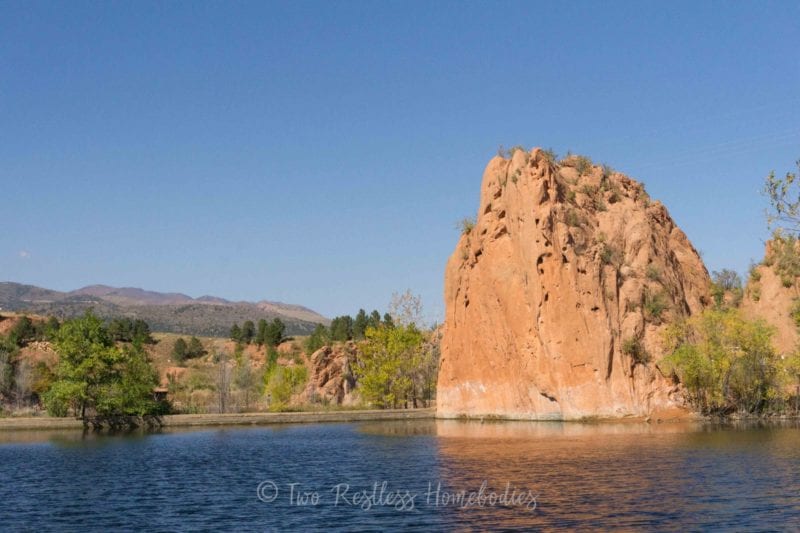 Red Rock open space quarry rock formation near pond, Colorado Springs CO USA