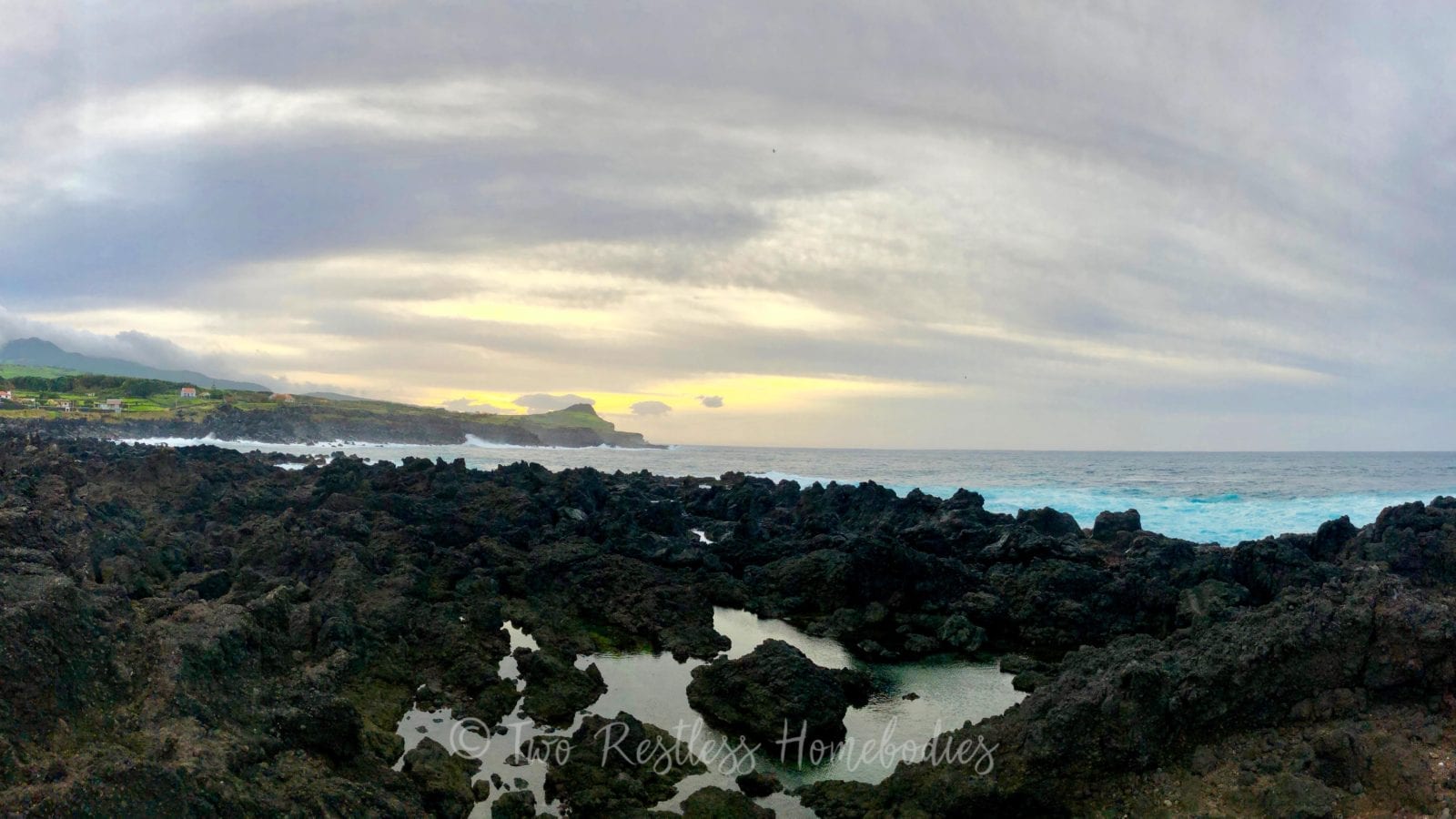 Biscoitos pools basalt ocean and peninsula views panorama, Terceira Azores