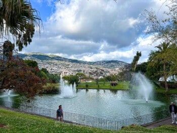 Image showing people walking around a pond with a fountain in Santa Catarina Park in Funchal, Madeira