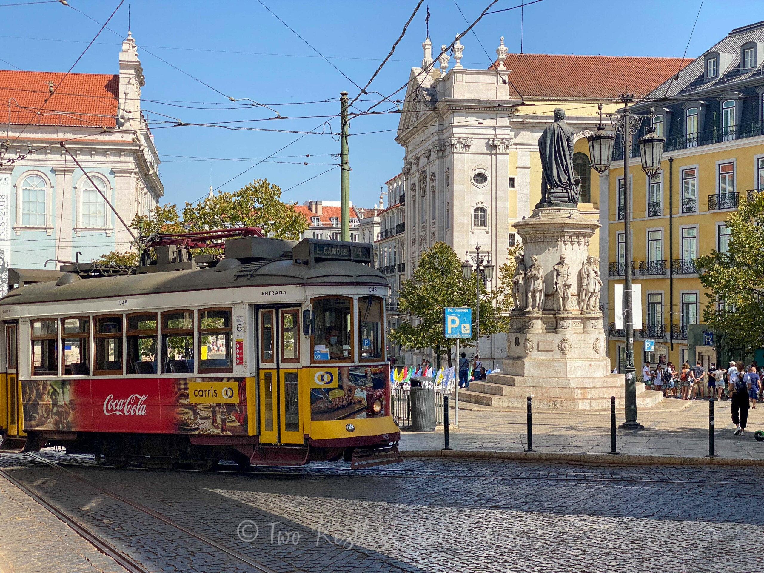 Lisbon - tram at Praca Luis de Camoes - Two Restless Homebodies