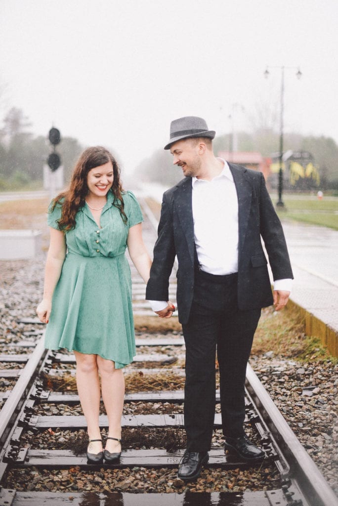 Vintage Amy and Nathan on railroad tracks - Two Drifters